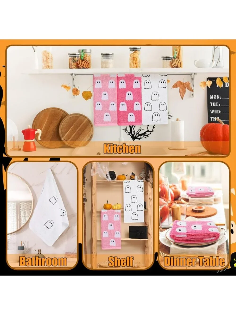 3 Pcs Pink Ghost Hand Towels - 100% Cotton Halloween Decor, Cute Kitchen Gifts